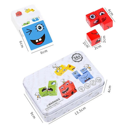 Children's Wooden Four Person Battle Face Changing Facial Expressions Magic Cube Building Blocks Wooden Interactive Games