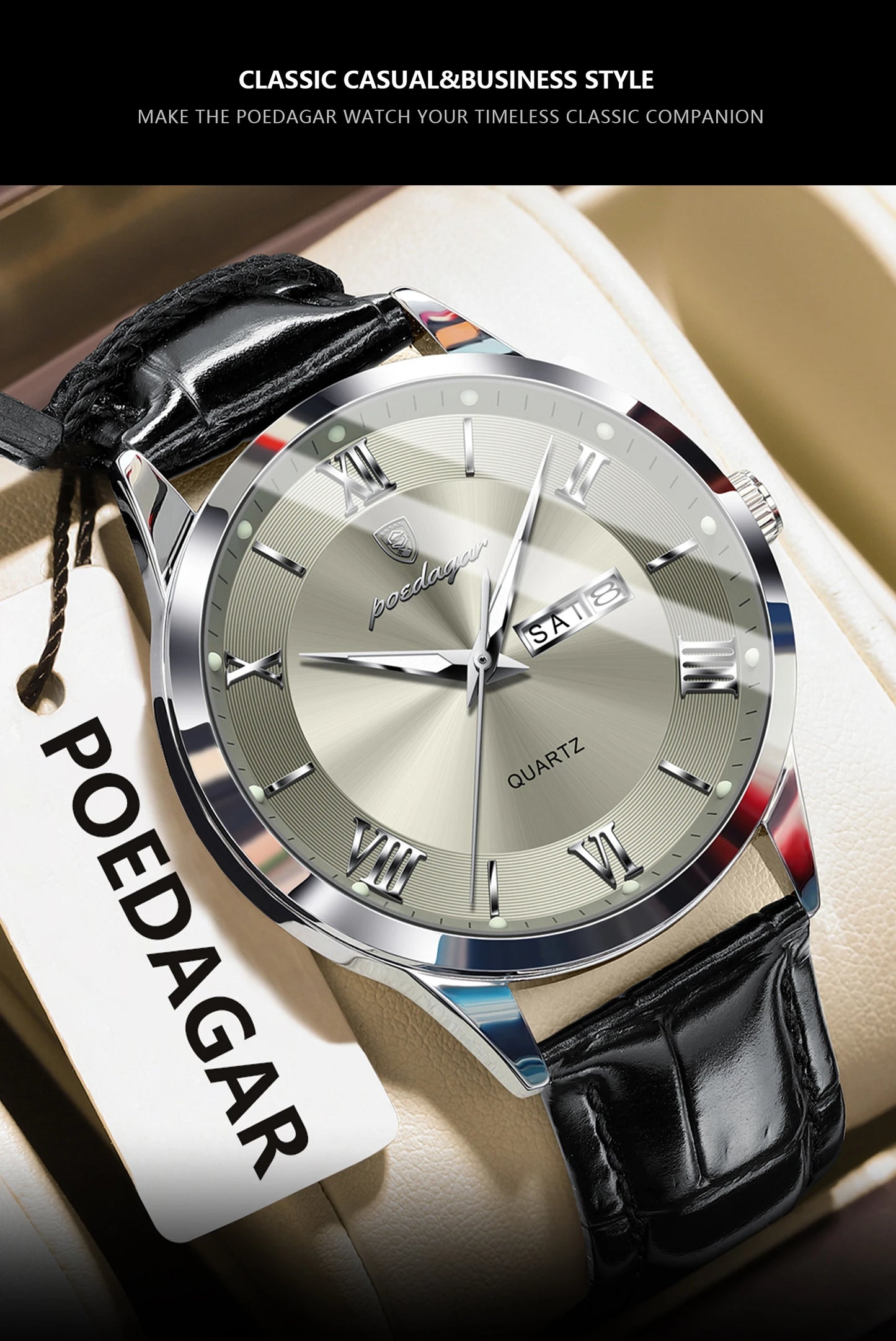 POEDAGAR Business Brand Men Clock Waterproof Luminous Date Week Fashion Man Wristwatch Leather Luxury Men's Quartz Watches Reloj