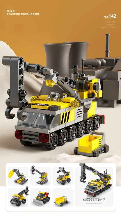 City Fire Car Building Blocks for Children, Police Truck, Engineering Crane, Tank, Helicopter Bricks Set Toys for Kids, 6in 1