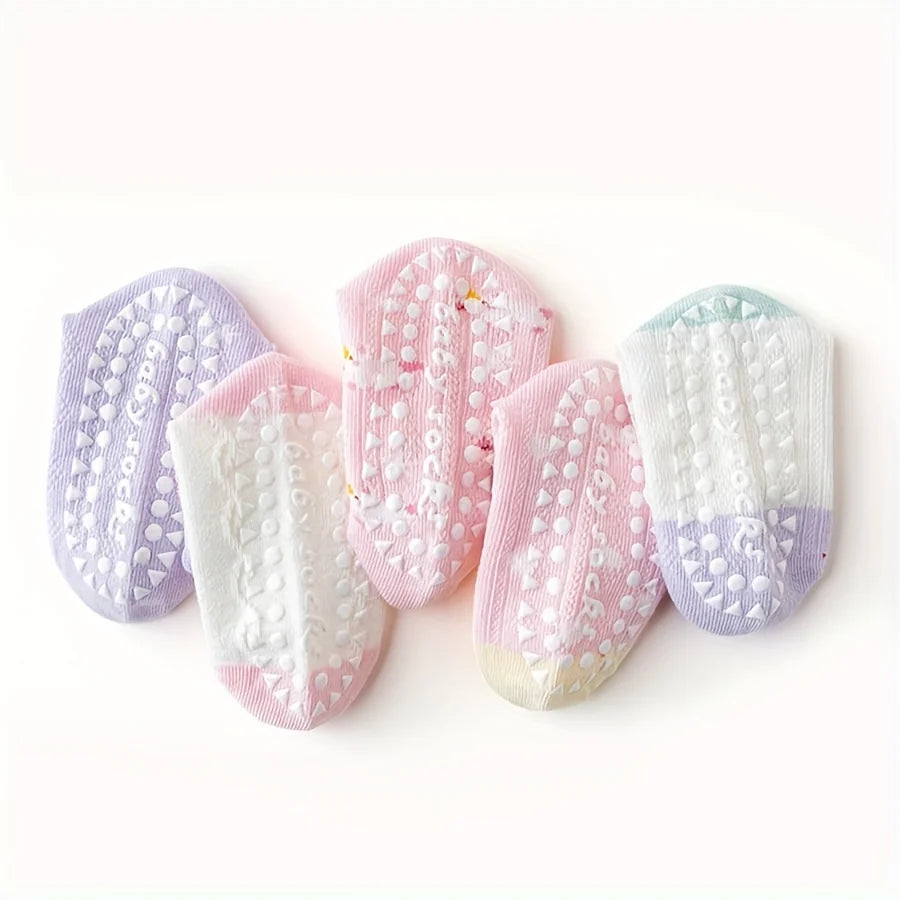 5 Pairs of Kidsren's Floor Socks with Lace Glue, Heart Unicorn Pattern, Boys and Girls, Baby Toddler Soft-Soled Shoes, Indoor Non-Slip Rainbow Pony Mid-Calf Socks, Suitable for Casual Daily Life