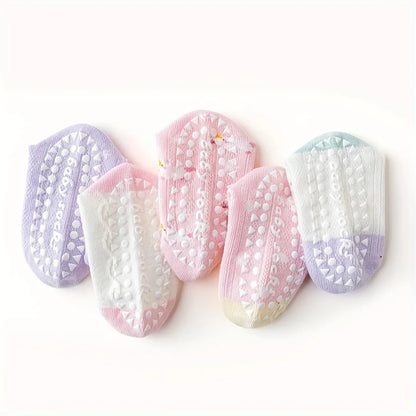5 Pairs of Kidsren's Floor Socks with Lace Glue, Heart Unicorn Pattern, Boys and Girls, Baby Toddler Soft-Soled Shoes, Indoor Non-Slip Rainbow Pony Mid-Calf Socks, Suitable for Casual Daily Life