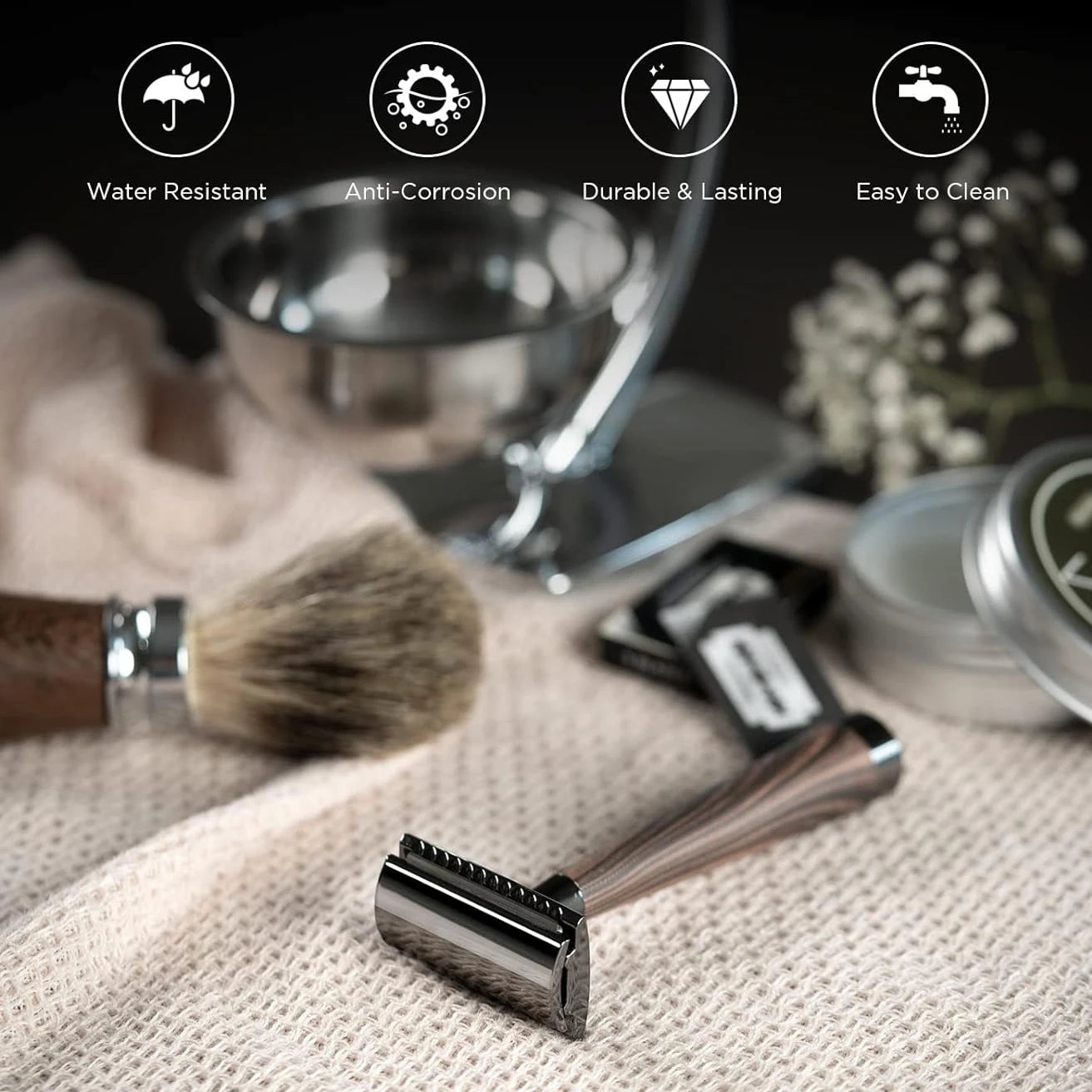 Double Edge Safety Razor, Wood Grain Handle Handle Razor with 5 Stainless Steel Blades, Heavy Duty Eco-Friendly Razor F