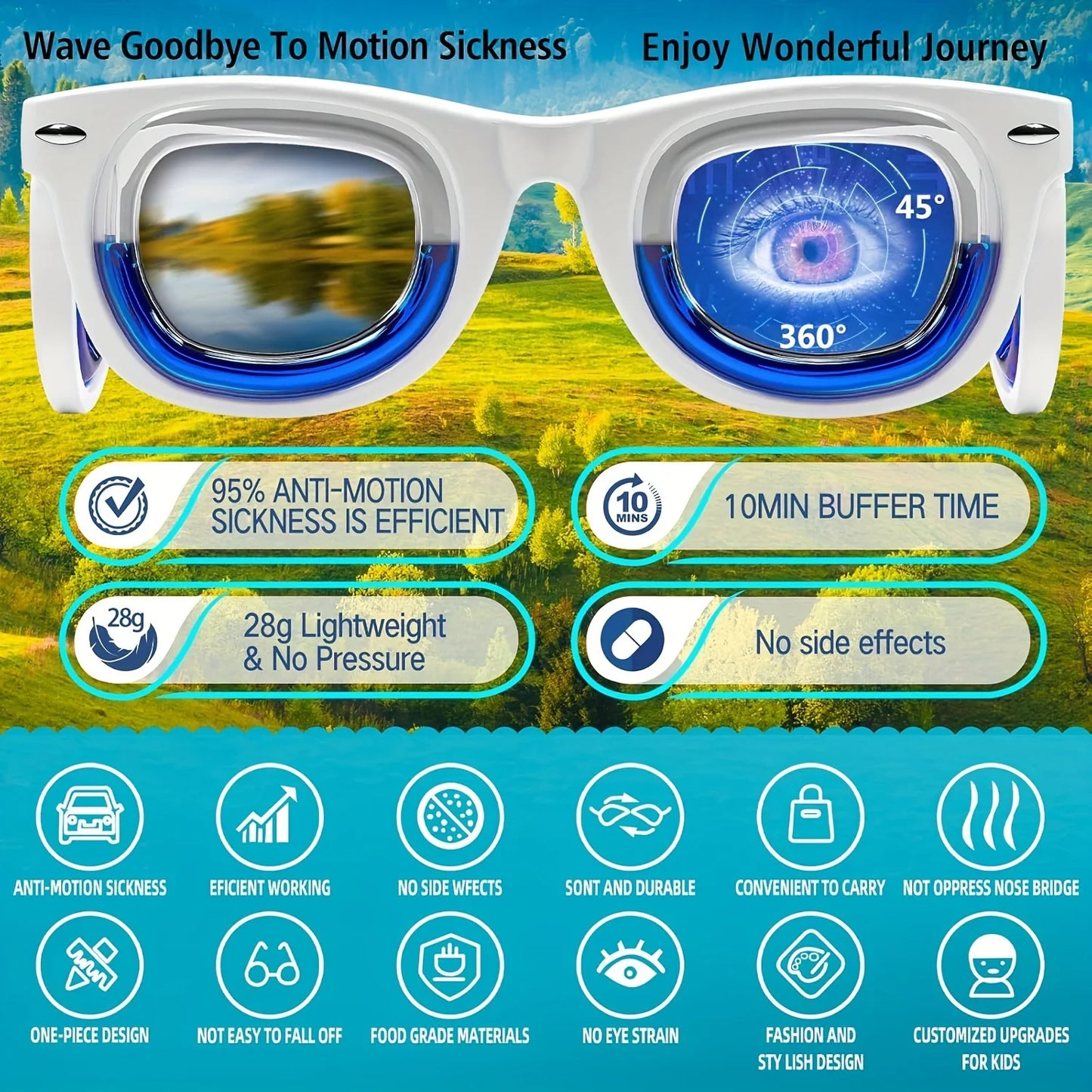 Kids' Motion Sickness Glasses - Ultra-Light Travel Essential for Car/Air/Sea and Cruise | Nausea Relief