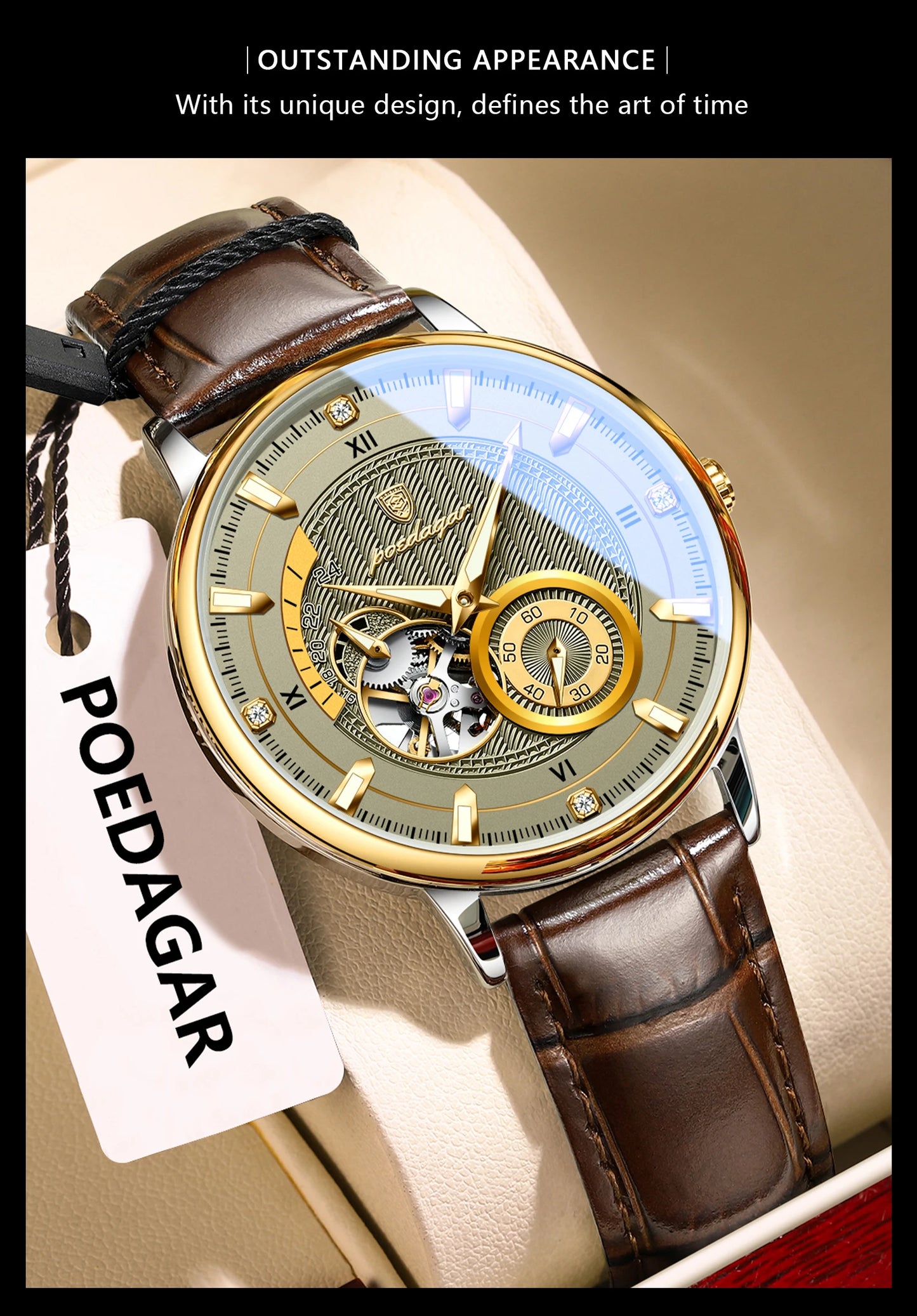 POEDAGAR Fashion Business Men Watch Waterproof Luminous Hollow Tourbillon Male Clock Automatic Mechanical Leather Men's Watches