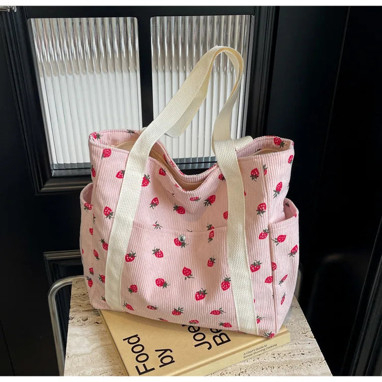 Fashion Corduroy Shoulder Bag for Women, Cute Printed Handbag, Casual Commuter & Shopping Purse, Trendy Underarm Bag