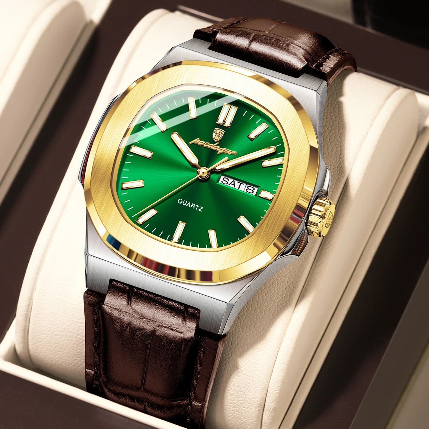 POEDAGAR Square Wristwatch For Men Luminous Waterproof Week Calendar Luxury Man Clock Leather Quartz Fashion Men's Watches Reloj