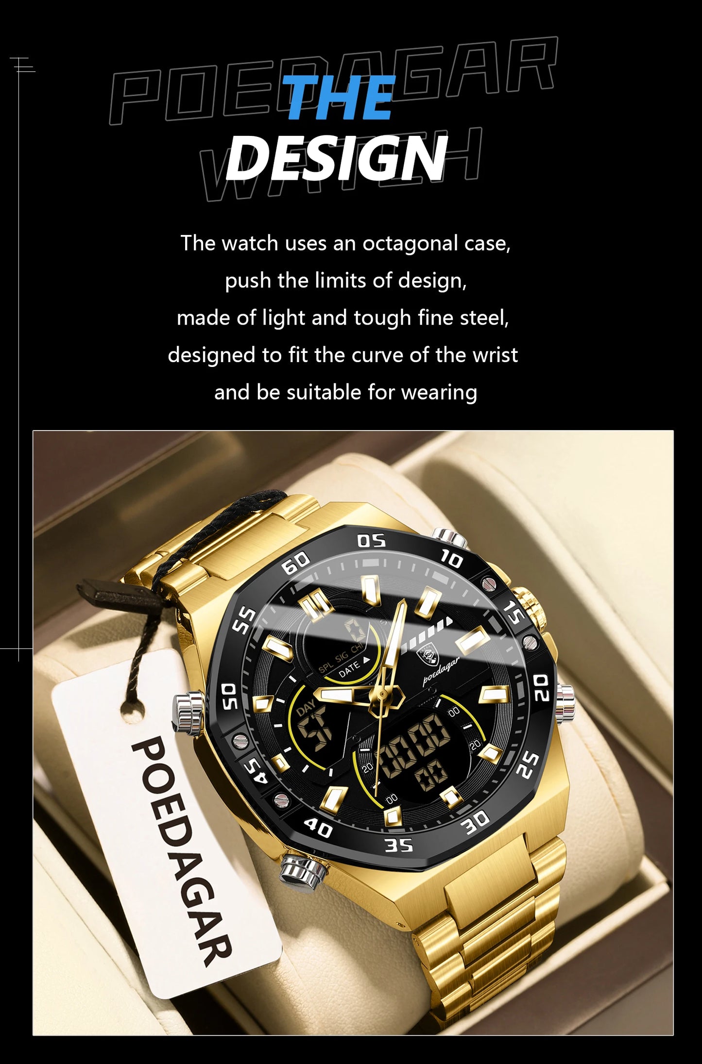 POEDAGAR Top Men Clock LED Luminous Waterproof Week Date Military Man Wristwatch Electronic Stainless Steel Quartz Men's Watches