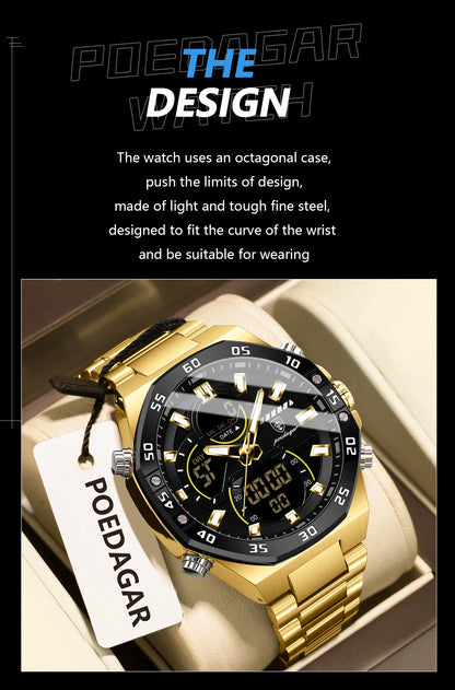 POEDAGAR Top Men Clock LED Luminous Waterproof Week Date Military Man Wristwatch Electronic Stainless Steel Quartz Men's Watches
