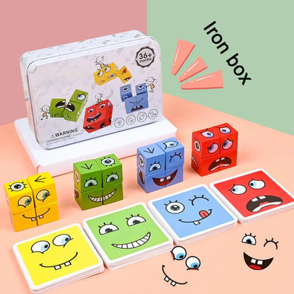 Children's Wooden Four Person Battle Face Changing Facial Expressions Magic Cube Building Blocks Wooden Interactive Games