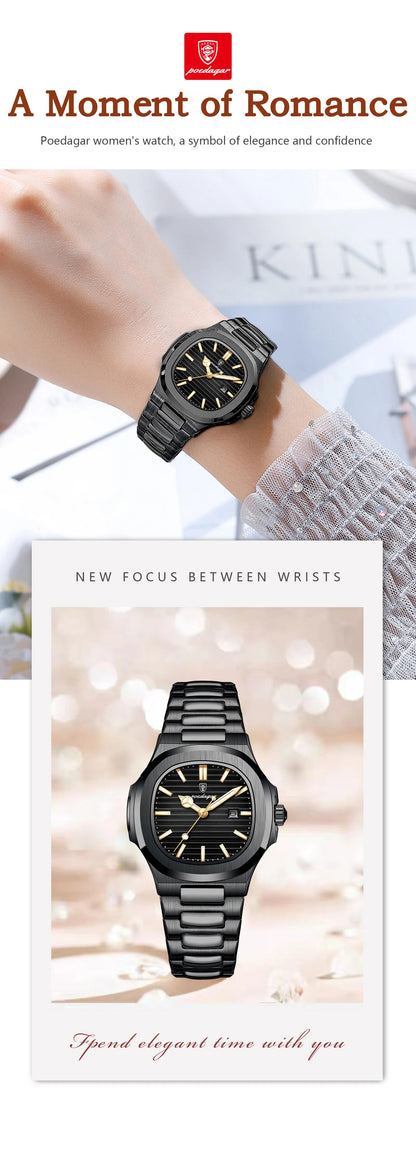 POEDAGAR Trendy Women’s Wristwatch Stainless Steel Date Quartz Ladies Watch Waterproof Luminous Original Watches For Woman Reloj