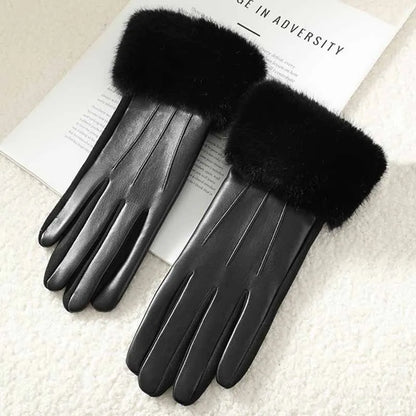 Winter Luxury Women's PU Leather Gloves Wrist Soft Faux Fur Trim Cuff Fashion Elegant Party Warm Touch Screen Drive Cycling