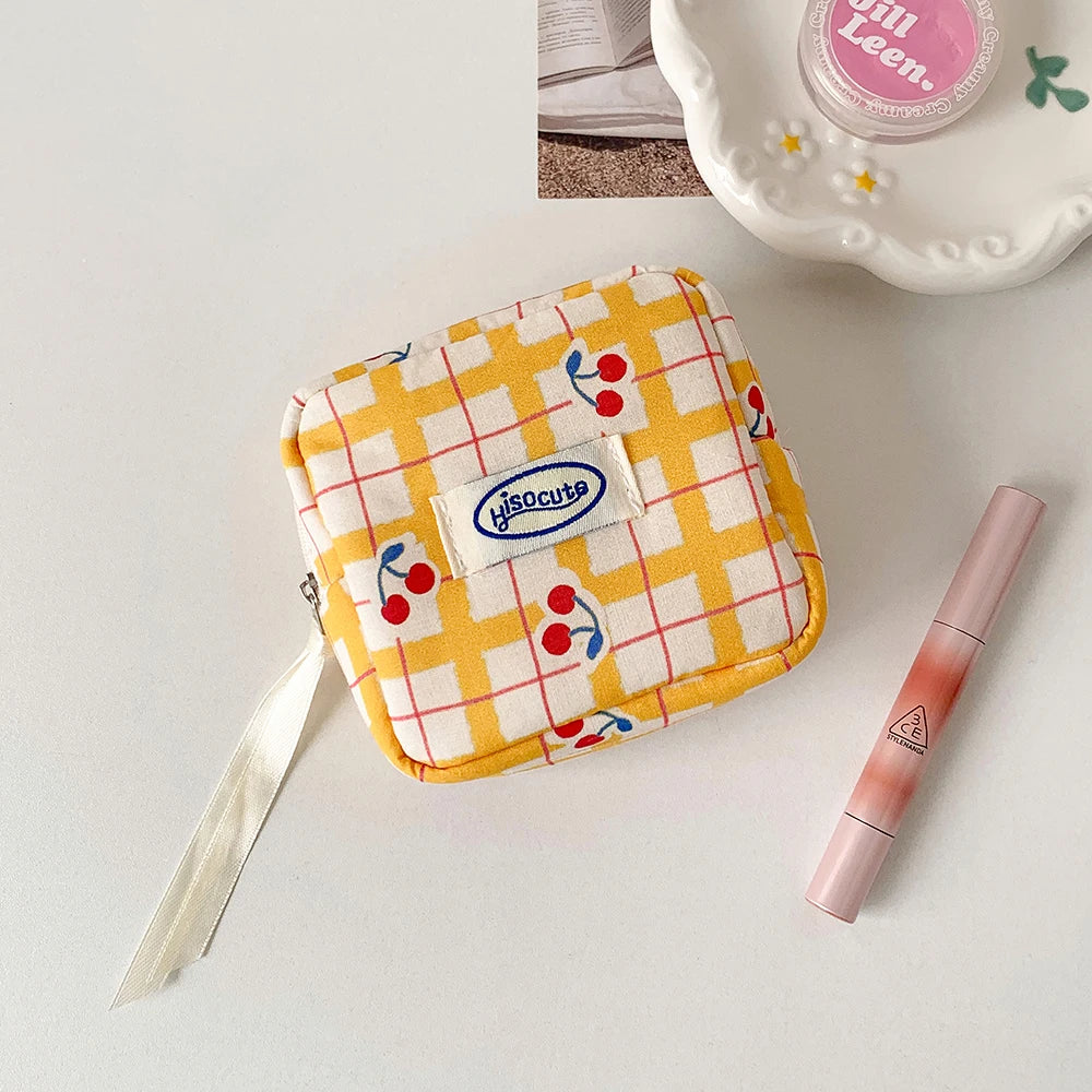 Cute Cherry Plaid Makeup Bag for Lipstick Cosmetics Coin Purse Sanitary Pads