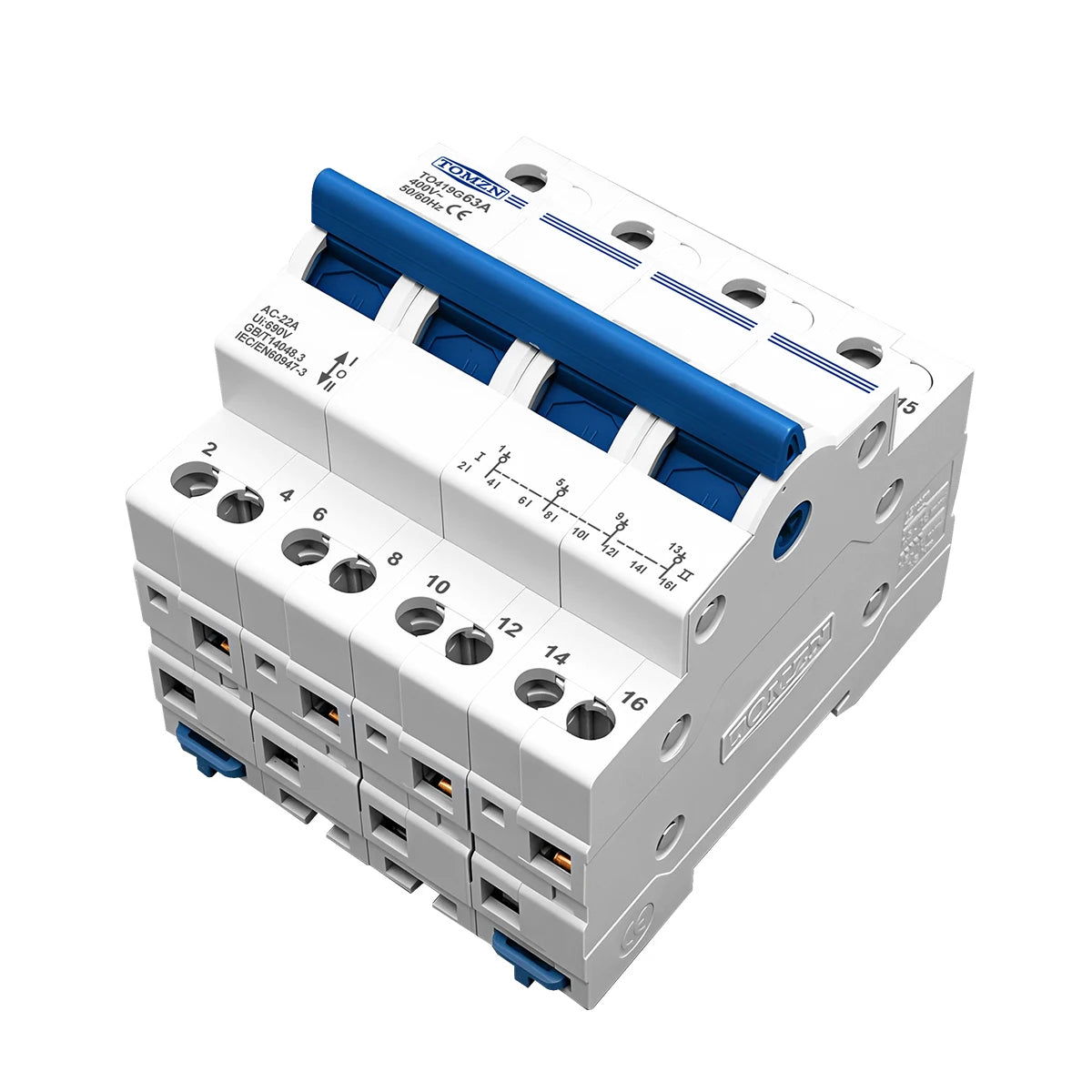 TOMZN TO219G 1P 2P 3P 4P 40A 63A MTS Dual Power Manual Transfer Isolating Switch Interlock Circuit Breaker Blue Generator PV