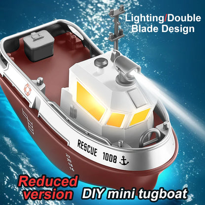 ZWN 1/32 RC Boat With Lights Powerful Dual Motor 2.4G Long Range Wireless Remote Controlled Tugboat Model Toy for Boy Girl Gifts
