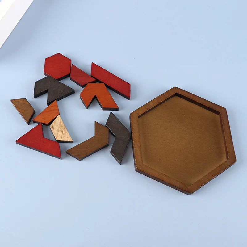 Hexagonal Wooden Puzzle — Adult Brain Teaser Toy, comprising 11 interlocking puzzle pieces, a challenging logic game ideal for t