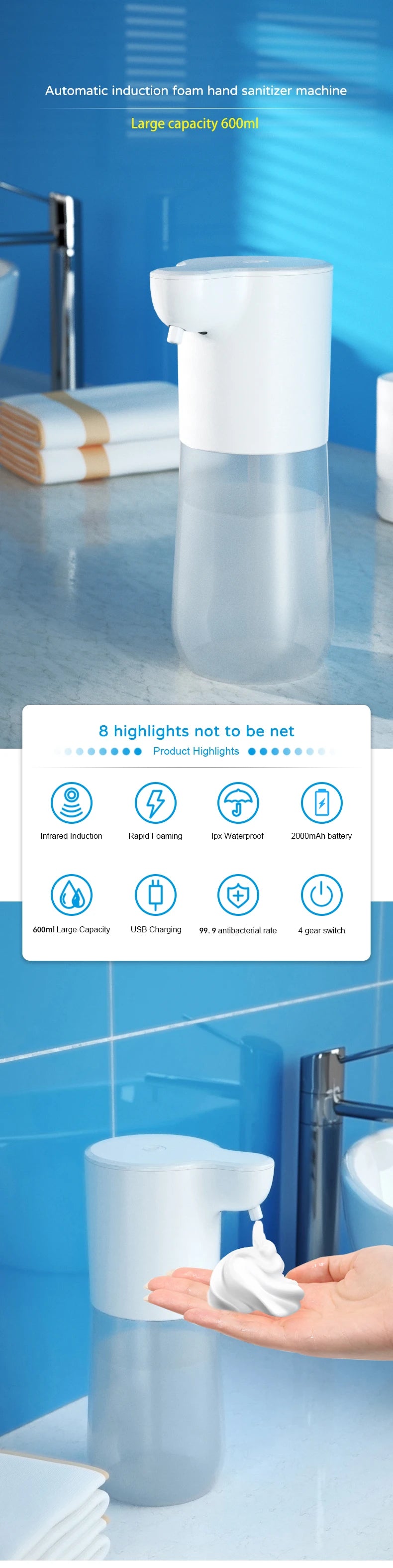 Touchless Smart Infrared Automatic Foam Soap Dispenser USB Induction Hand Cleaning Foam Machine For Kitchen Bathroom