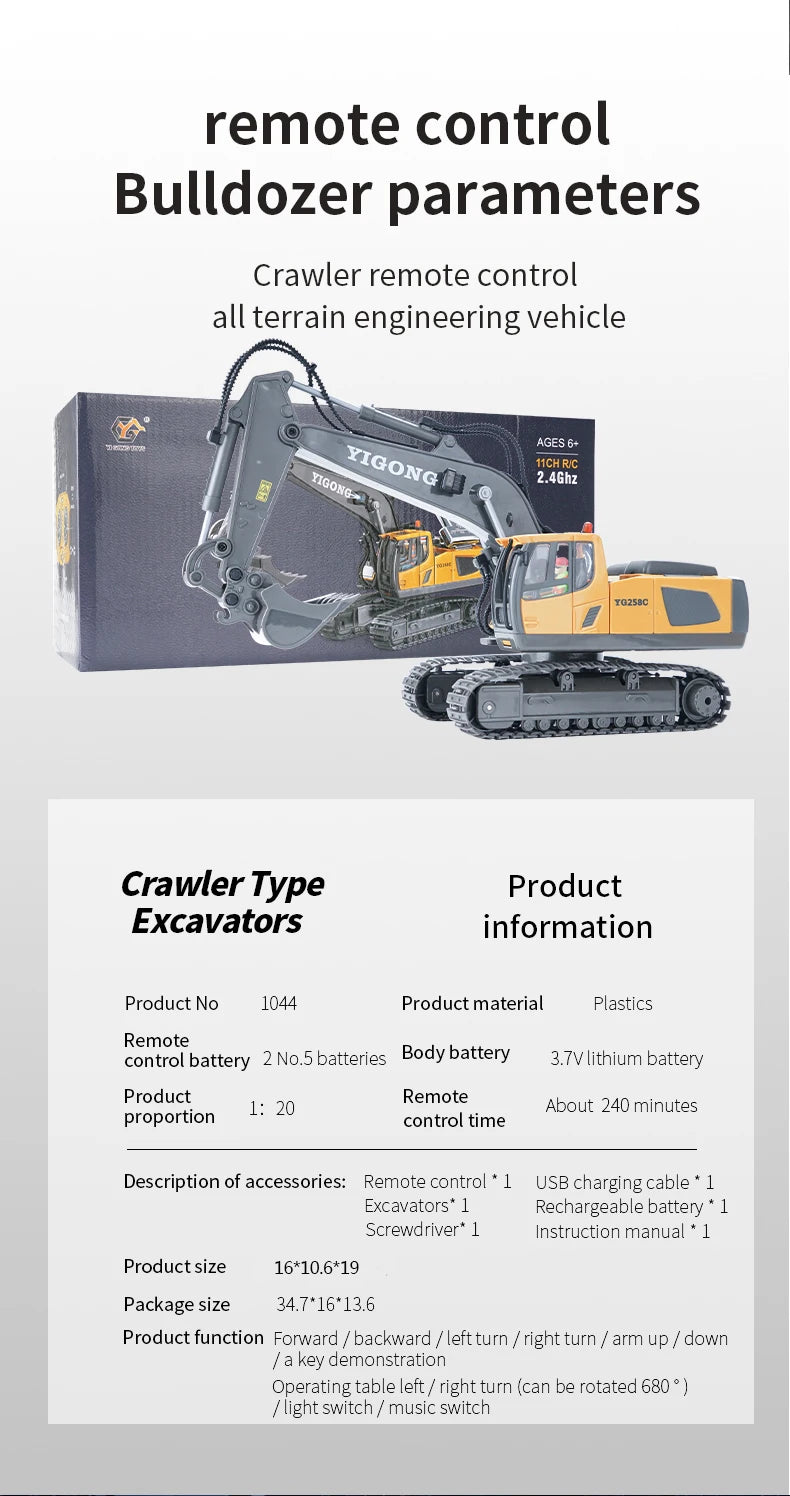 1:20 RC Excavator Dumper Car 2.4G Remote Control Engineering Vehicle Crawler Truck Bulldozer Toys for Boys Kids Birthday Gifts