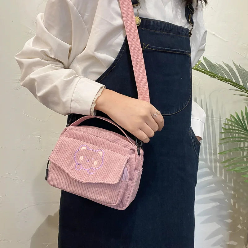 Personalized Teddy Bear Embroidered Diagonal Shoulder Bag, Corduroy Leisure Bag, WOMEN'S Crossbody Bag