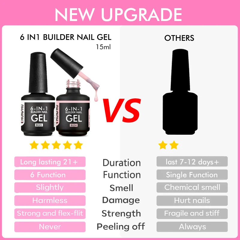 CHUNSHU TPO Free 6 IN 1 Extension UV Gel Polish In A Bottle Builder Nail Gel Rubber Base Coat Semi Permanent Nails Art 15ML
