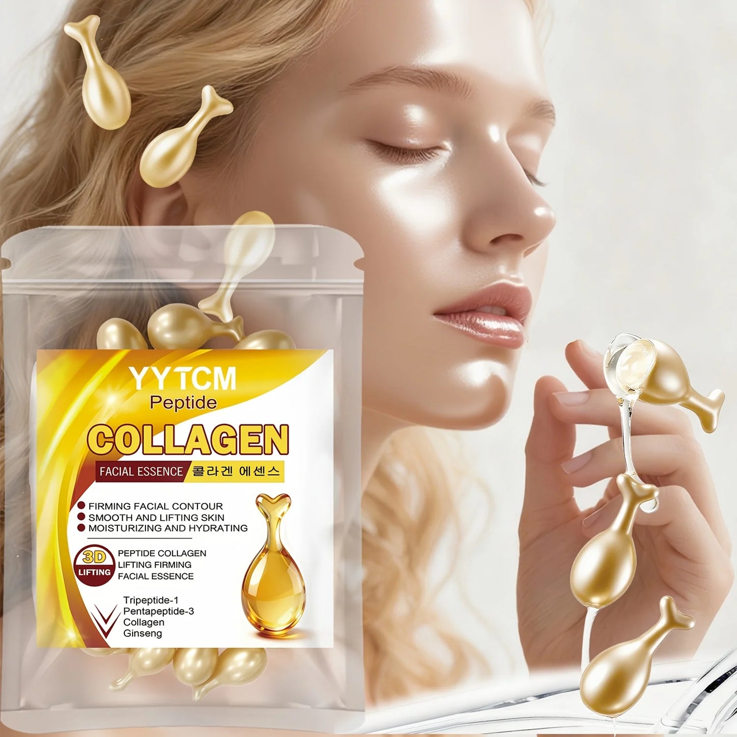 Polypeptide Collagen Essence Capsules, Moisturizing and Firming Essence, Smooths Skin, Contains Squalane, Fullerene, Ginseng Extract, Deep Hydration (0.34Gx30 Capsules)/Bag-1 Bag