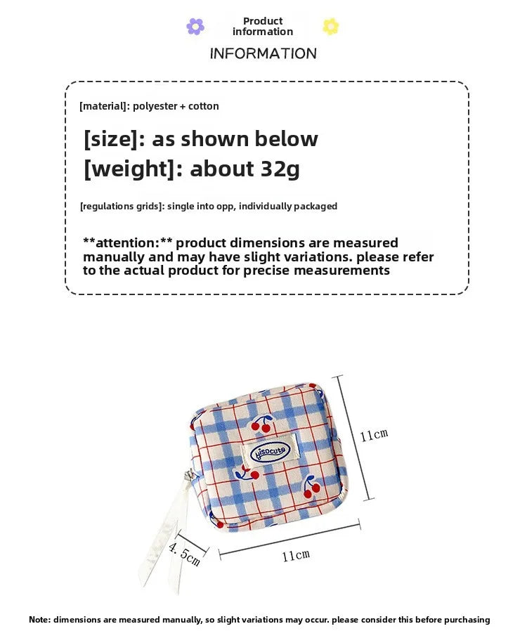 Korean version of large plaid cosmetic bag high value small cherry sanitary napkin portable mini storage bag bluetooth headset b