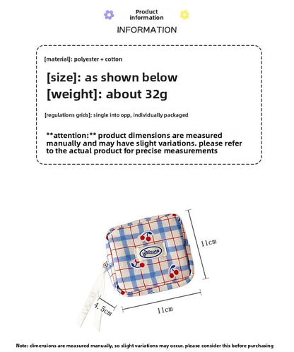 Korean version of large plaid cosmetic bag high value small cherry sanitary napkin portable mini storage bag bluetooth headset b