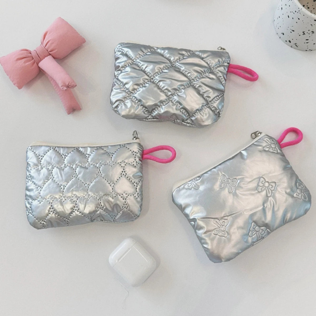 Silver Lingge Bow Pattern Coin Purses Small Canvas Coin Wallet Lady Girls Earphone Coin Key Money Storage Bag Zipper Pouch