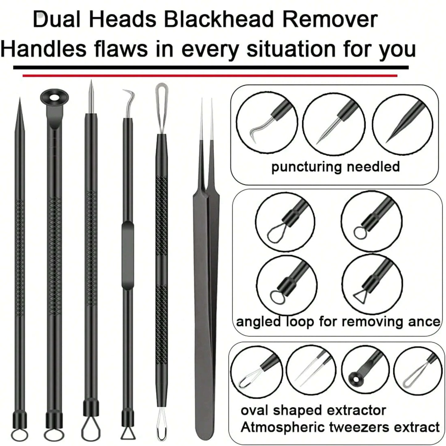 6-Piece Acne Tool Set Blackhead Extractor Facial Care - Facial Acne Removal Tweezers and Needle Stainless Steel Care Tools