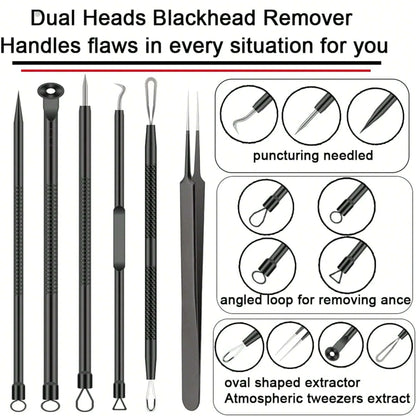 6-Piece Acne Tool Set Blackhead Extractor Facial Care - Facial Acne Removal Tweezers and Needle Stainless Steel Care Tools