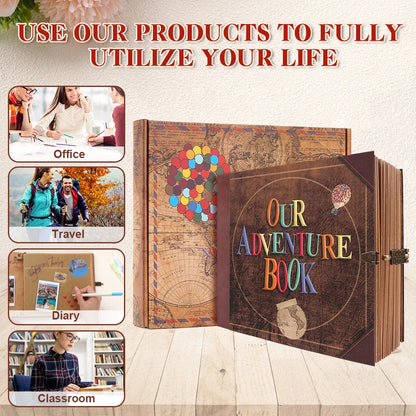 Our Adventure Journal 146page Vintage Leather DIY Scrapbook Album Balloon Text Theme for Anniversary Wedding Mother's Day Gifts