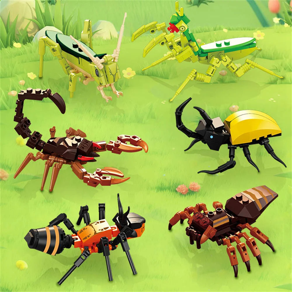 City Farm Vegetable Garden Cute Animals Insect Dragonfly Spider Mantis Centipede Grasshopper Honeybee Building Block Bricks Toy