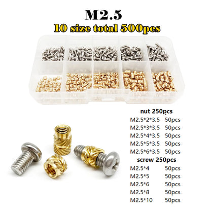 Brass Copper Embed Insert Nut Screw Kit Set M1.4M1.6 M2 M2.5 M3 M4 M5 M6 for Heat Melt Injection 3D Print Twill Knurled Thread