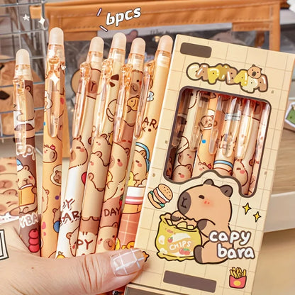 6pcs Cute Capybara Erasable Gel Pens | 0.5mm Retractable Blue Ink for School & Office | Smooth Writing & Quick-Drying (6 Colors)