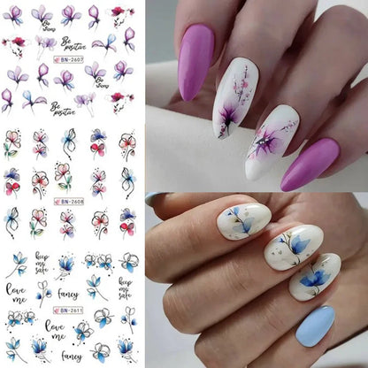 12 Pcs Summer Ink Blooming Flowers Nail Art Stickers, Water Decal Leaves Graffiti Slider Nail Decoration