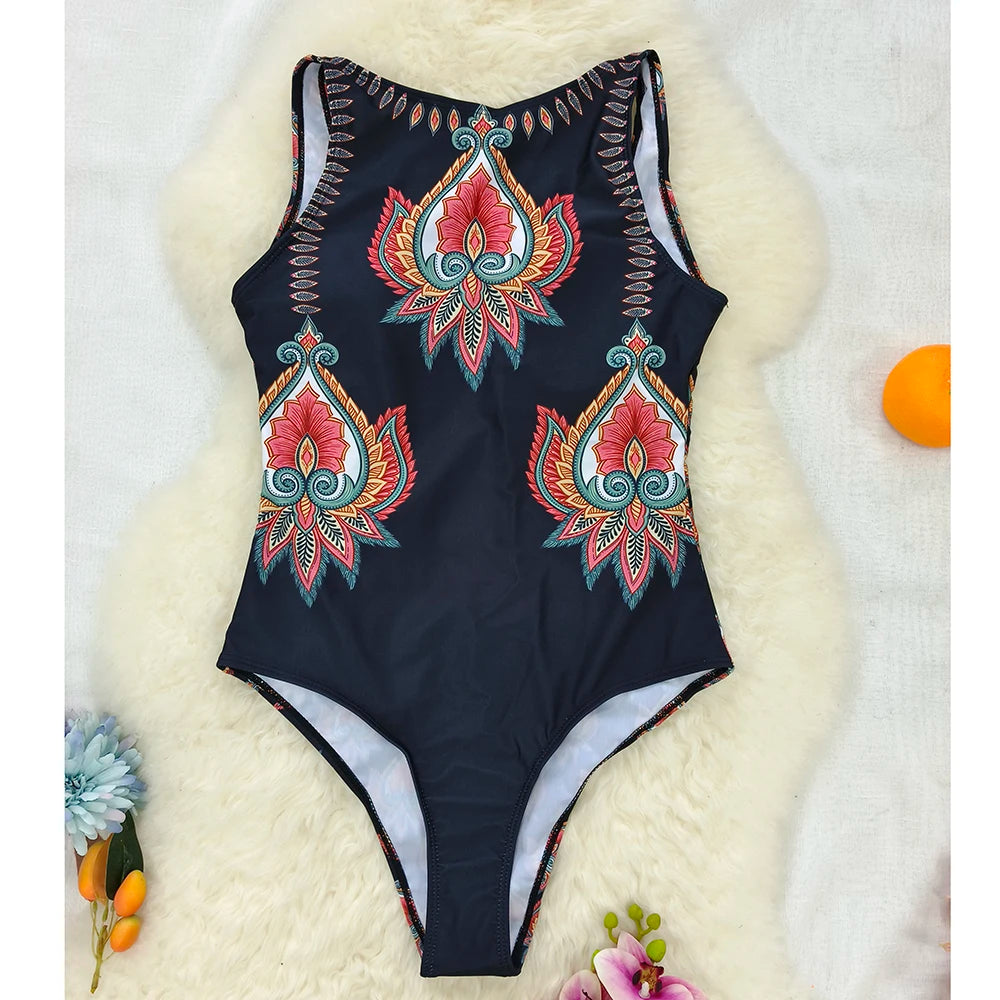 2026 New Printed One-piece Swimsuit Classic Printed Lace Up Swimsuit Women's Push Up Flower One-piece Suit Beach Wear For Female