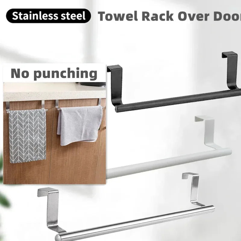 1Pcs Towel Rack Over Door Towel Bar Hanging Holder Stainless Steel Bathroom Kitchen Cabinet White Black Towel Rag Shelf Hanger
