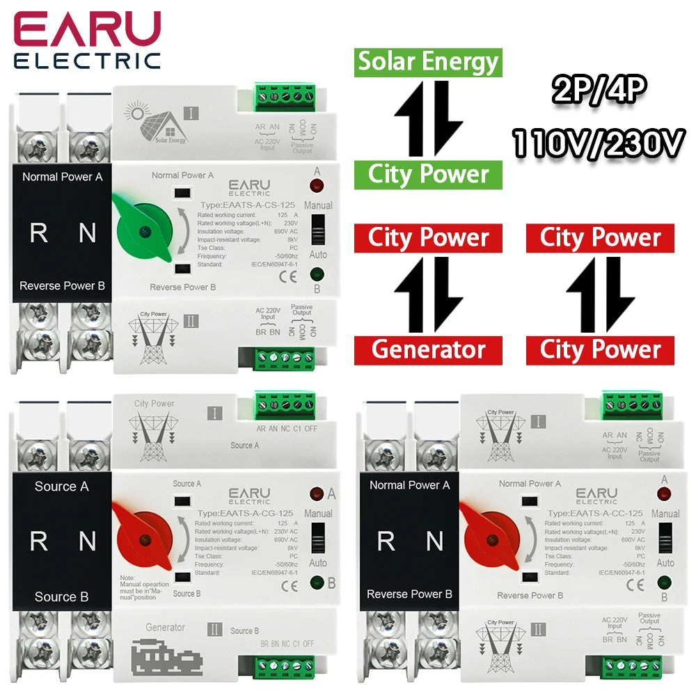 Din Rail ATS PV 2P 4P 125A AC 230V 110V Dual Power Automatic Transfer Switch Electrical Selector Switches Uninterrupted Power
