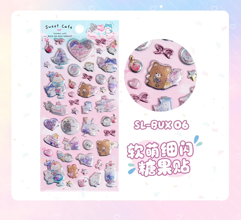 3 pcs/6 pcs Sweet Candy Pets Cat Coffee Cakes Flash Puffy 3D Stickers Scrapbooking Diy Diary Stationery Stickers School Supplies