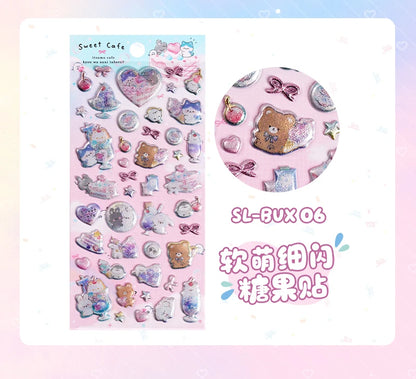 3 pcs/6 pcs Sweet Candy Pets Cat Coffee Cakes Flash Puffy 3D Stickers Scrapbooking Diy Diary Stationery Stickers School Supplies