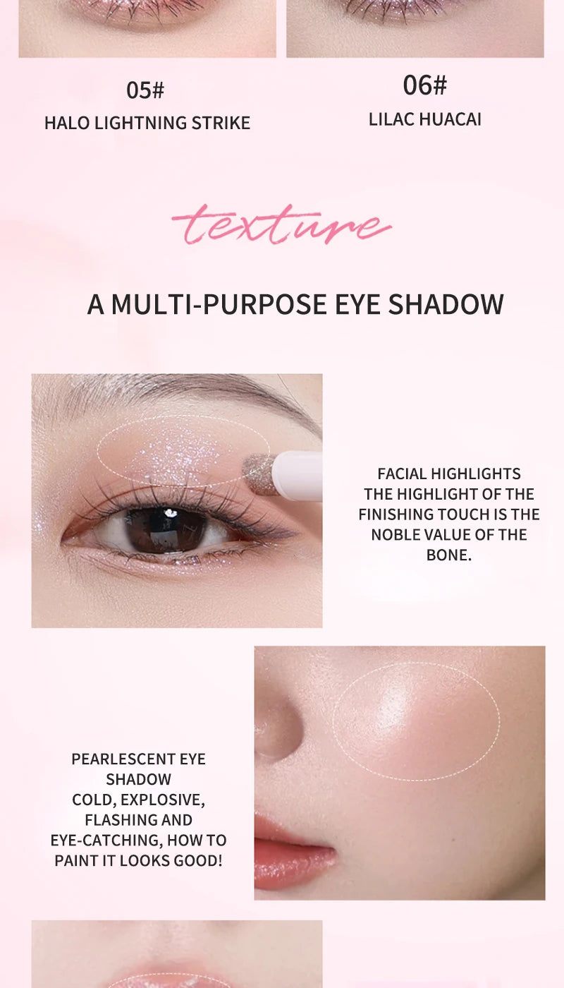 Water-Gloss Jelly Eyeshadow Stick Is a One-Swipe Makeup Highlight Eyeshadow Stick with Pearl Shimmer in Multiple Colors. Luminous Highlight Eyeshadow Stick Is a Two-Use Stick for Eyebrows. Waterproof Effect That Lasts Long an