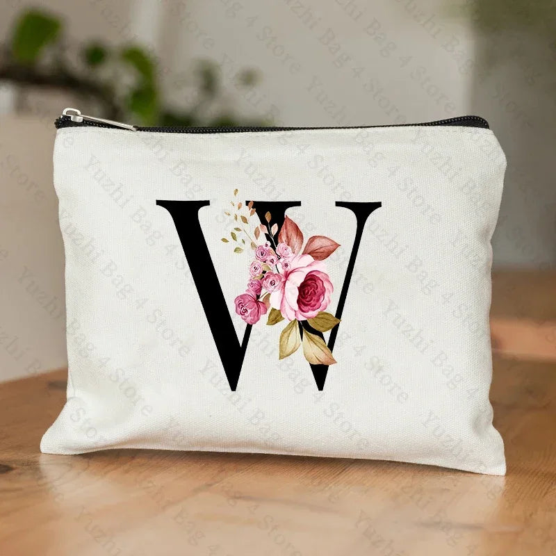 26 Letters Flower Makeup Bag Printed Bridesmaid Wedding Gift Graduation Teacher's Day Gift Storage Bag Travel perfume Side Bag