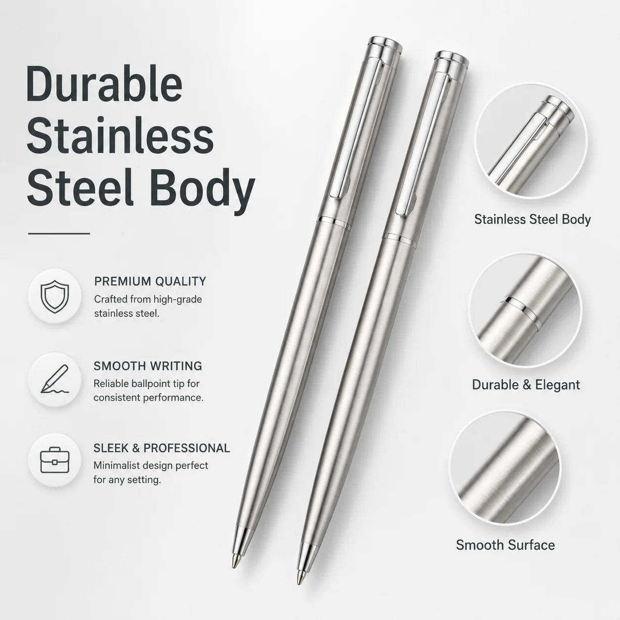 5/10/20Pcs Stainless Steel Ballpoint Pens, Silver Metal Medium Nib Smooth Twist Writing Pens for Office School