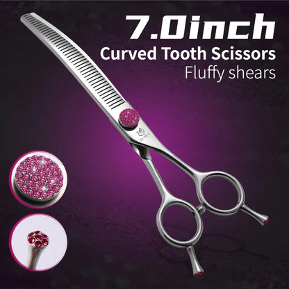 Fenice 7.0/7.5 inch Professional Dog Grooming Shears Curved Thinning Scissors for Dog Face Body Cutiing JP 440C High Quality
