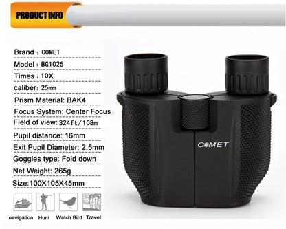 COMET Binoculars 10X25 Long Range Pocket HD Telescope Folding Compact Bak4 Prism Binocular Optical Scope FMC Lens For Hunting