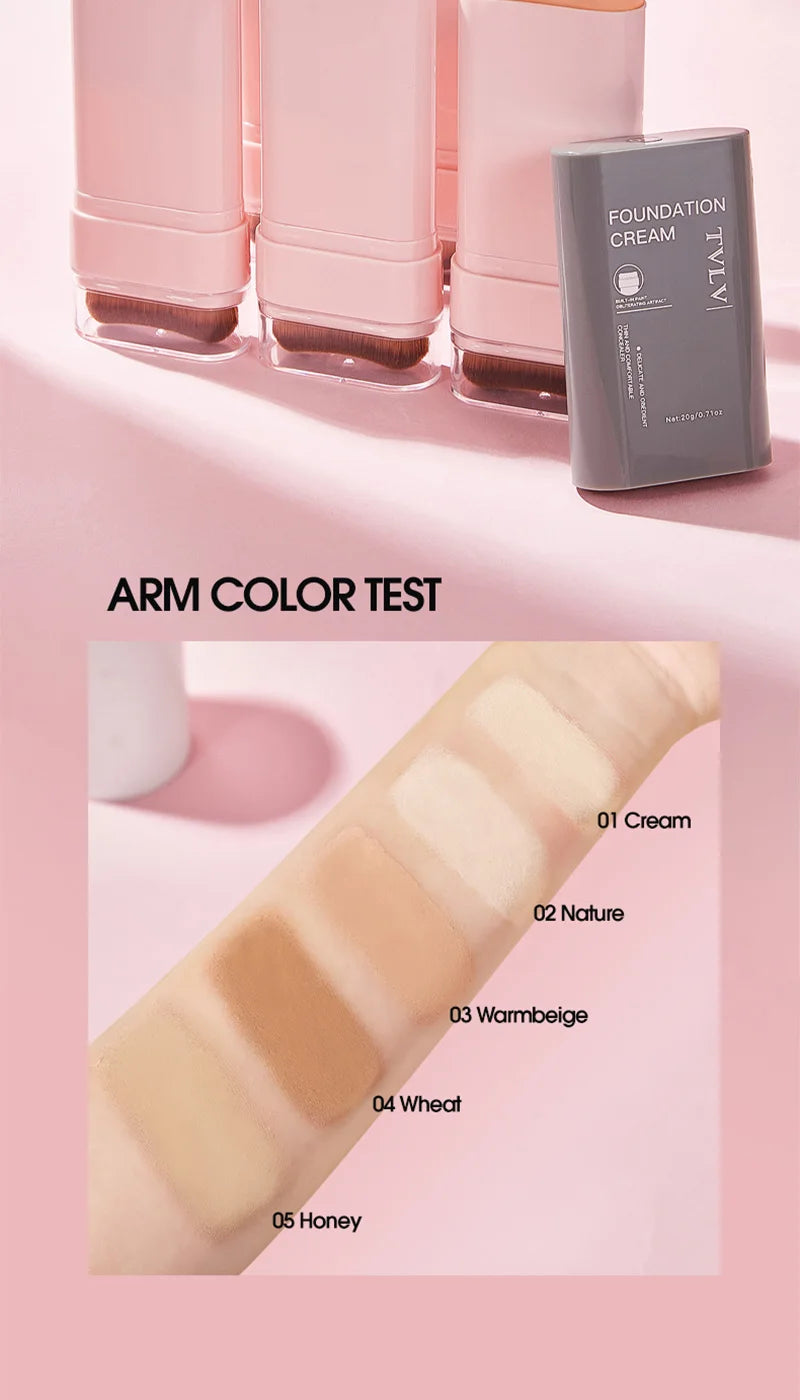 TVLV Concealing Foundation Stick: 5 Shades with Built-In Brush - Cream Finish, Lightweight and Waterproof Formula,