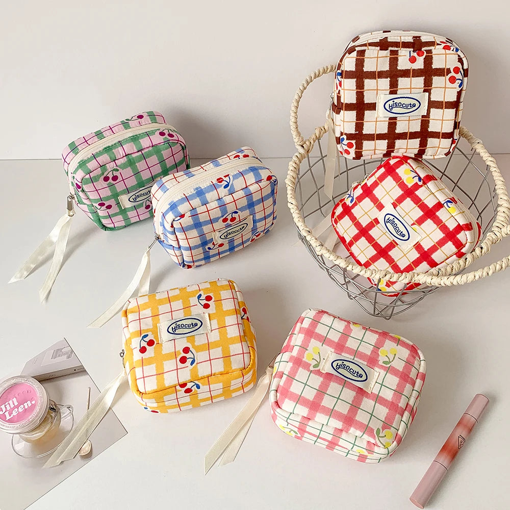 Cute Cherry Plaid Makeup Bag for Lipstick Cosmetics Coin Purse Sanitary Pads