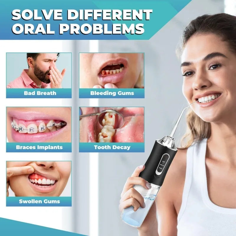 Oral Irrigator Portable USB Rechargeable Dental Water Flosser Water Jet Floss Tooth Pick 4 Jet Tip 220ml 3 Modes IPX7 Waterproof