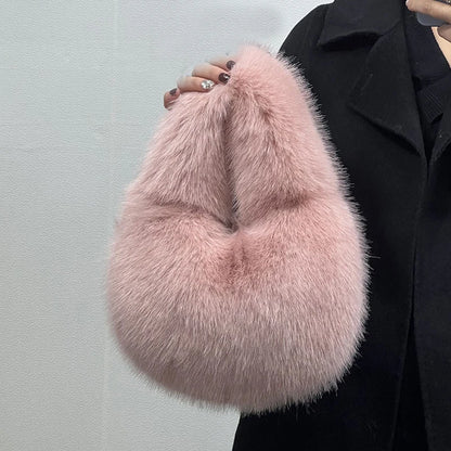 Fashion Soft Plush Half Moon Bags for Women Designer Fluffy Faux Fur Lady Handbags Luxury Small Tote Female Winter Purses