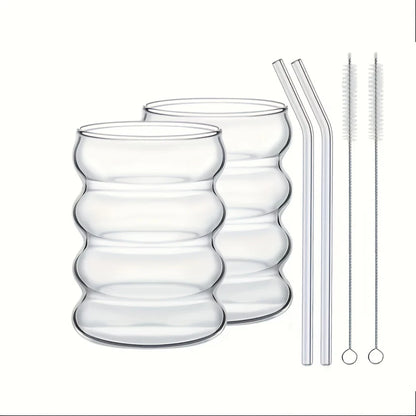 2 High Borosilicate Glass Coffee Cups 350ML/11.8oz with Straw and Brush, Vintage Ripple Design, Transparent Aesthetic Drinkware