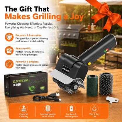 Hippcron Rechargeable Electric Grill Brush 1100 RPM – 304 Stainless Steel Barbecue Cleaning Tools Ergonomic Non-Slip Handle